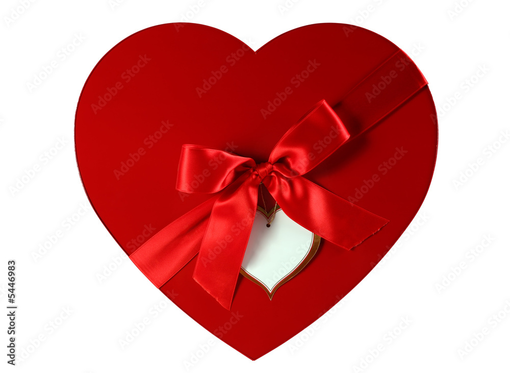 Red box as heart with ribbon on white background