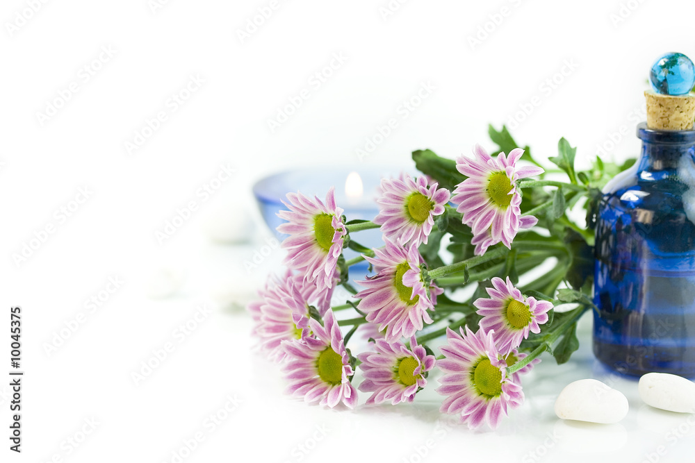 Spa Bath Towels, essential oil, candle and fresh flowers