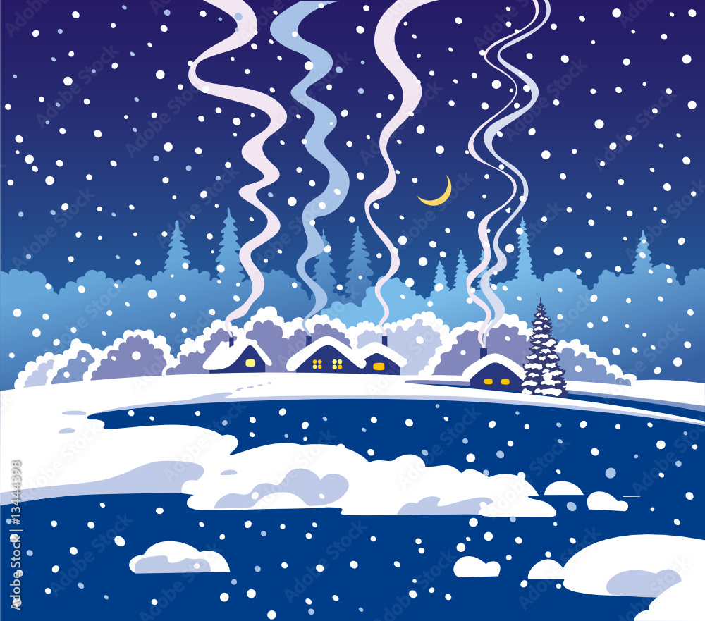 Winter dark blue evening landscape