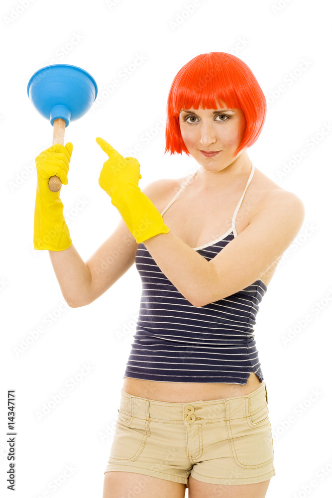 Woman pointing at plunger