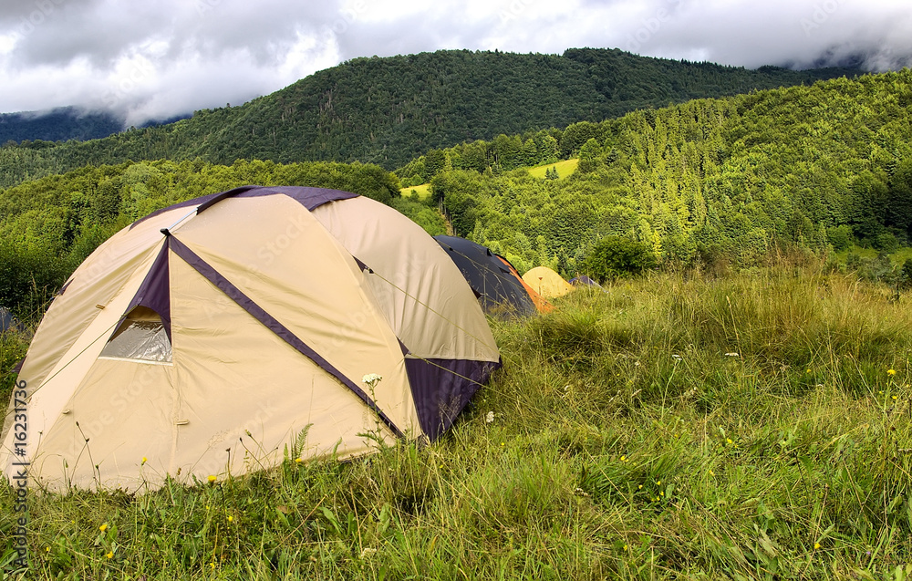 Range of tents in the mountains