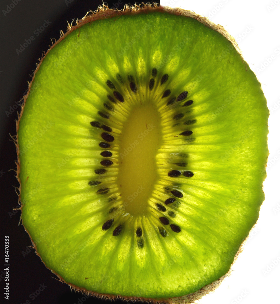 Slice of kiwi on black and white background