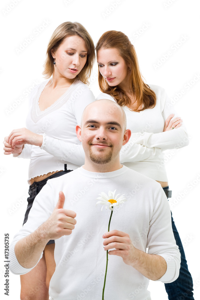 Man hold camomline with two women