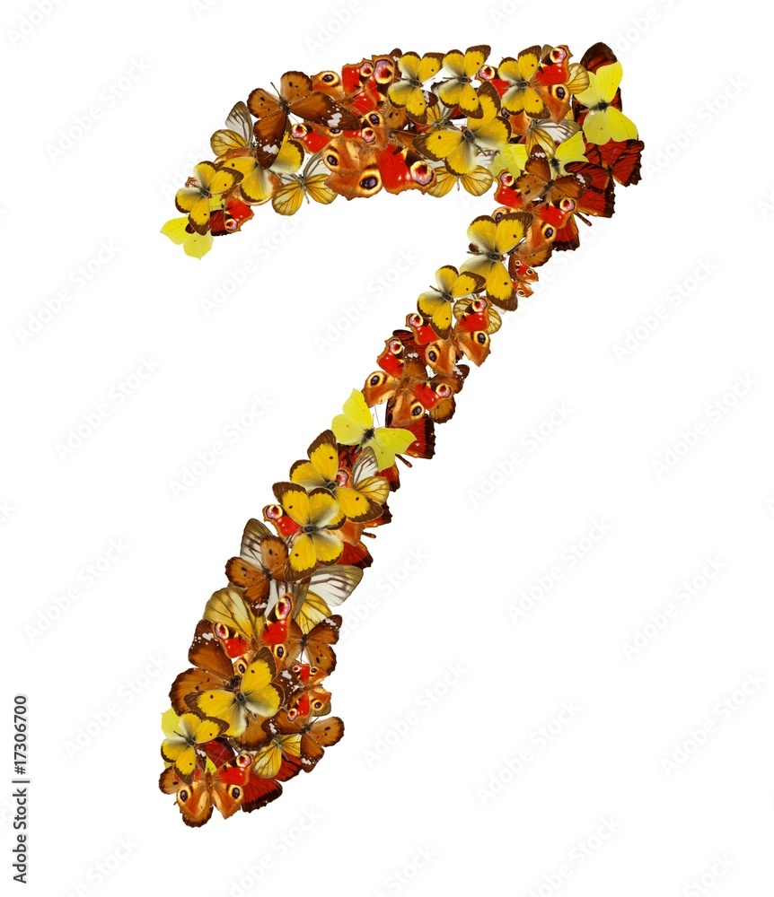 Number seven made of exotic colored butterflies