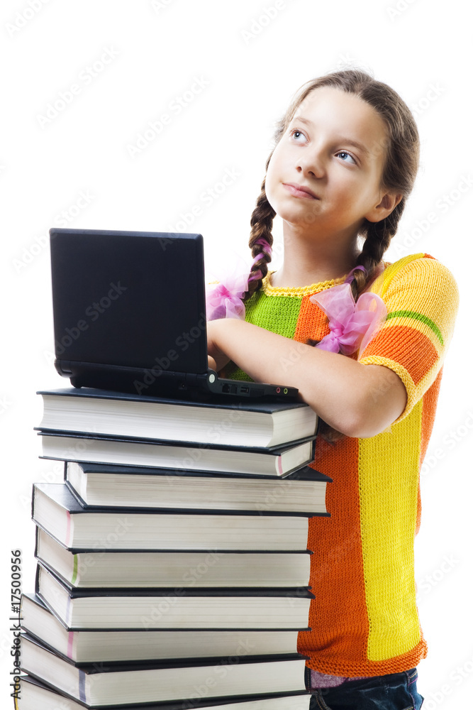 Teenager girl with books and laptop smile