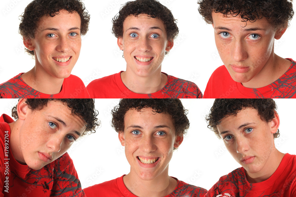 Young man, six different expressions.