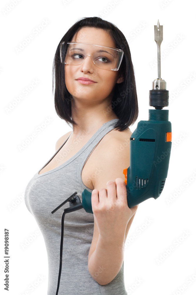 Beautiful woman hold drill