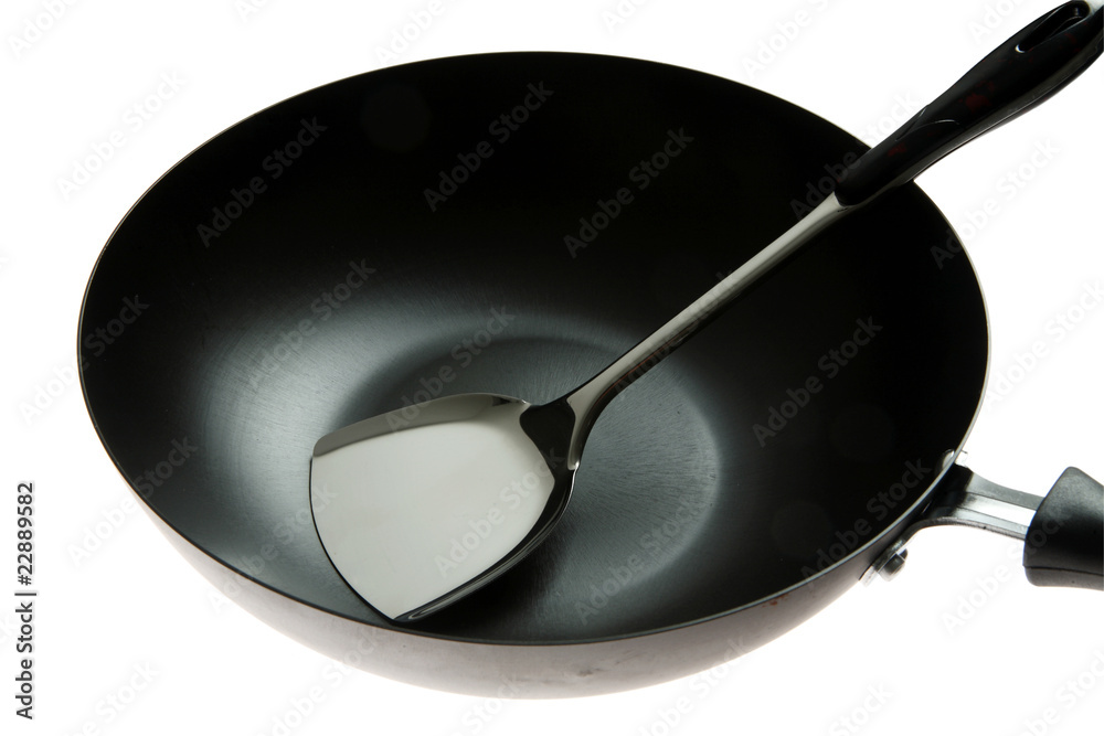 stainless spatula in fry pan  on a white background