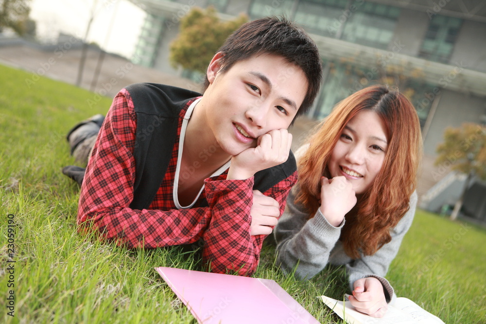 couple of asian  reading book on grass