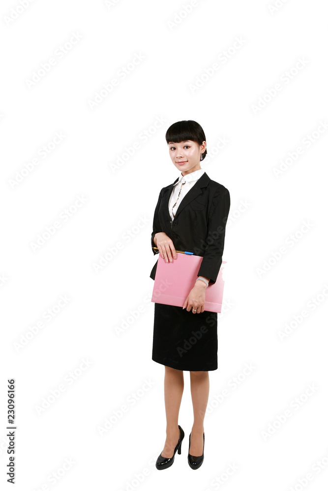 Happy businesswoman with clipboard, isolated on white