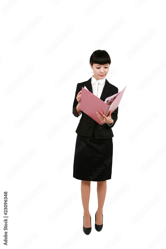 Happy businesswoman with clipboard, isolated on white