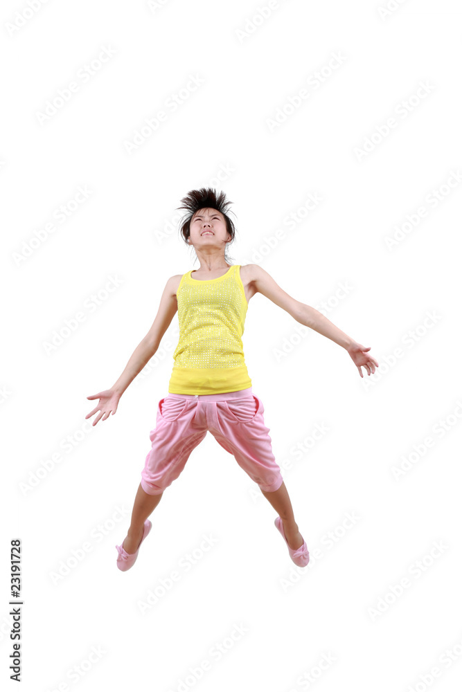 Girl jumping isolated on white background .