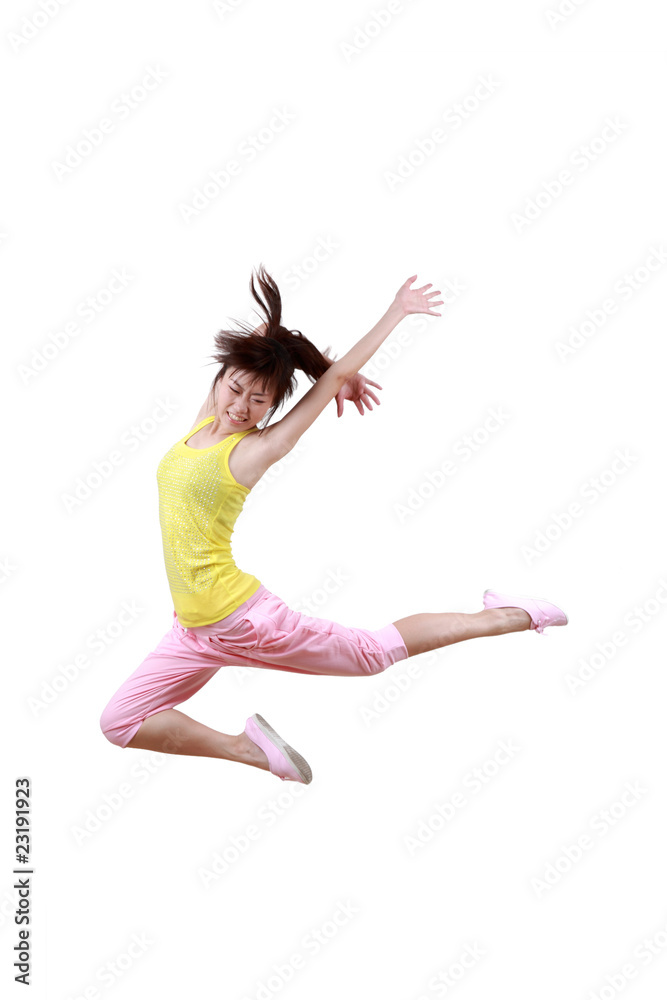 Girl jumping isolated on white background .