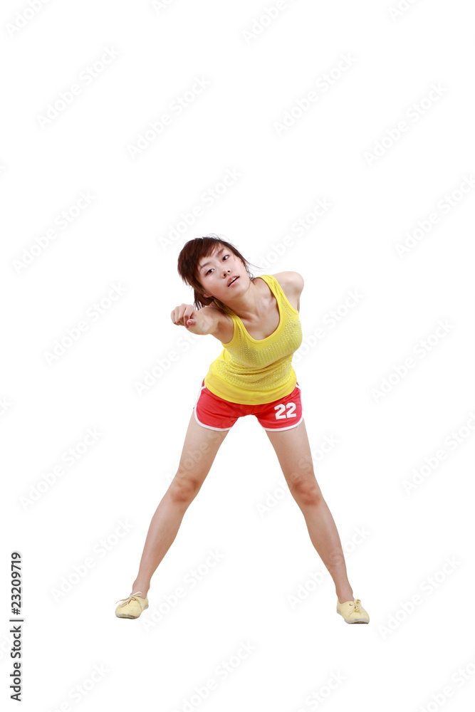 Girl jumping isolated on white background .