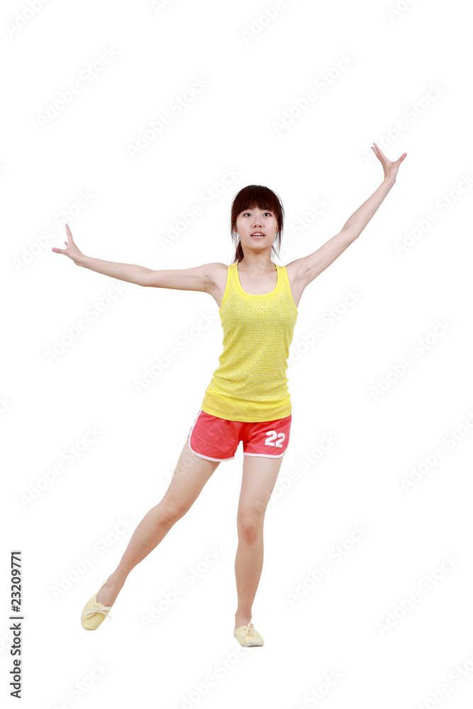 Girl jumping isolated on white background .