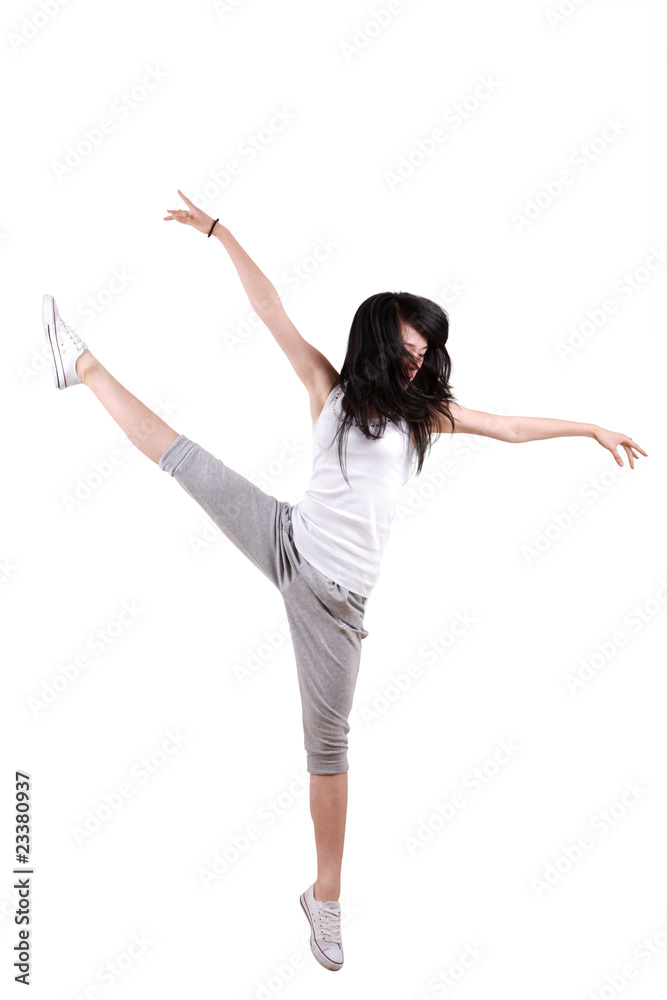 Girl jumping isolated on white background .