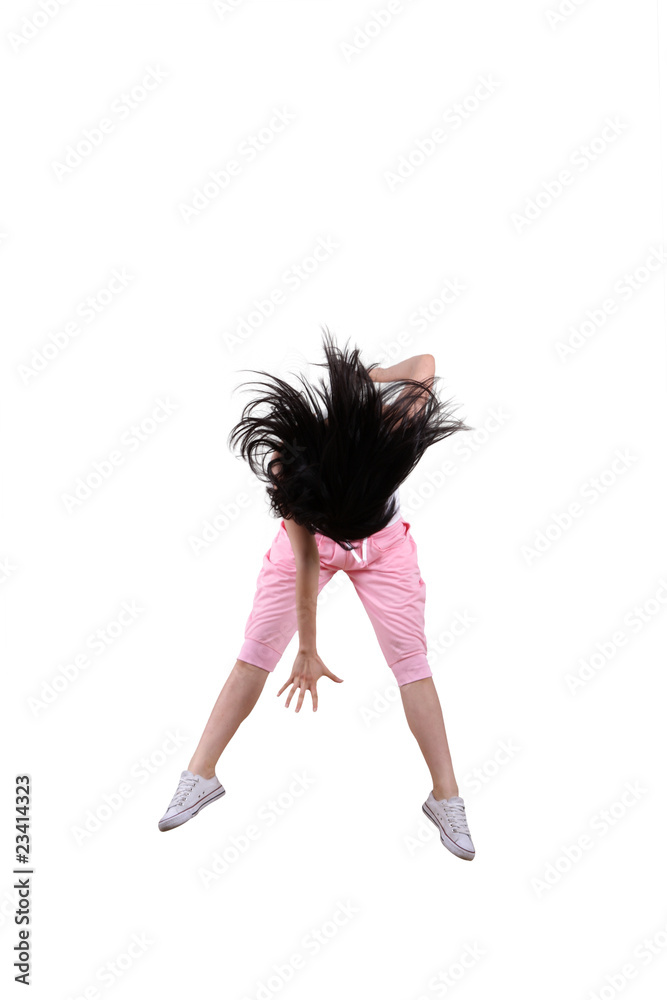 Girl jumping isolated on white background .