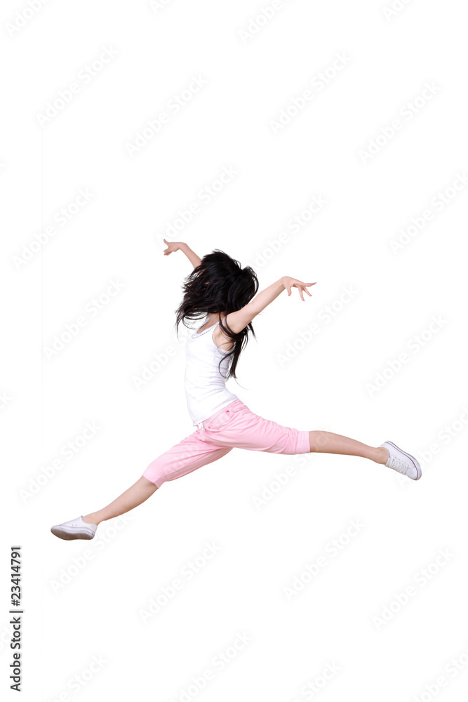 Girl jumping isolated on white background .