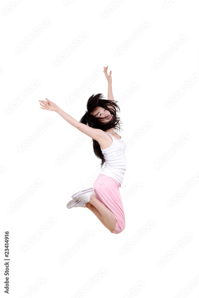 Girl jumping isolated on white background .