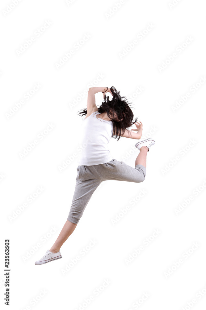 Girl jumping isolated on white background .