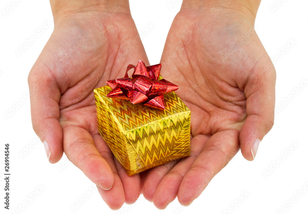 Female hands giving a small christmas gift isolated on white