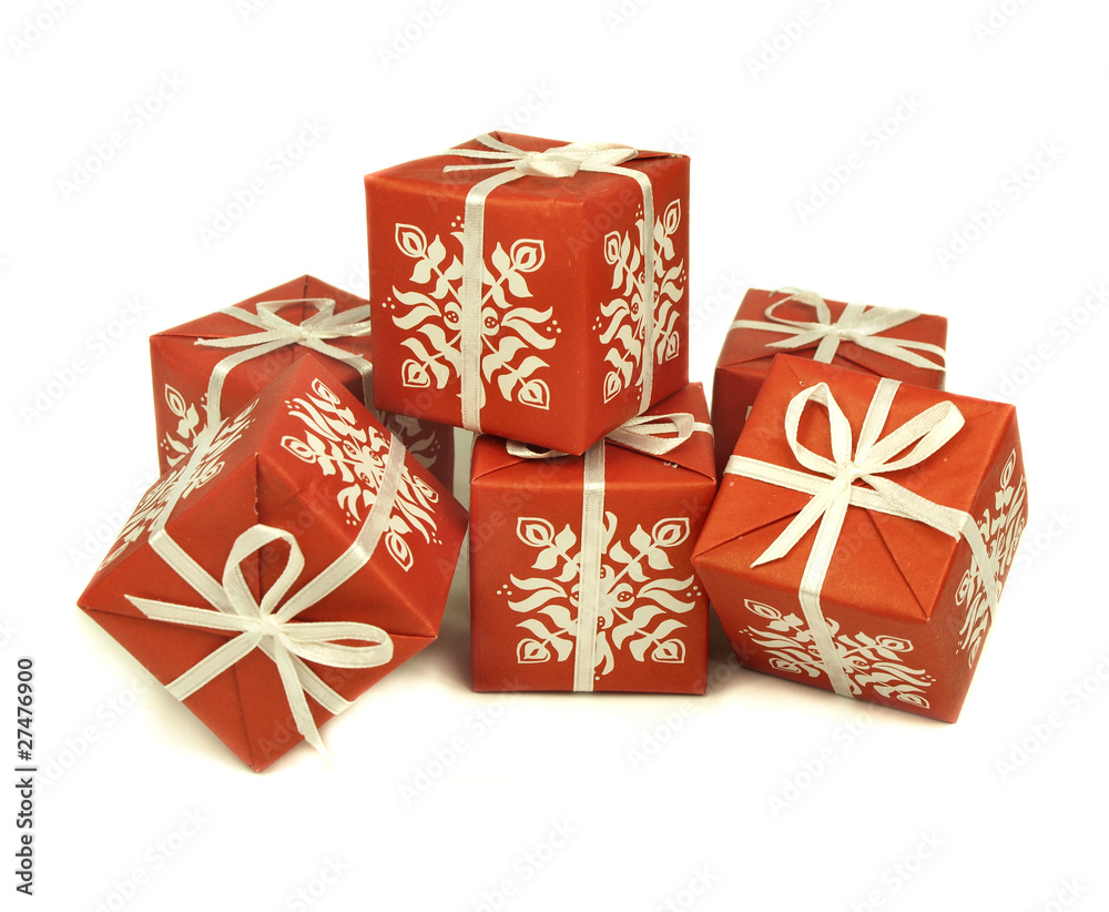 Red patterned gifts on white background