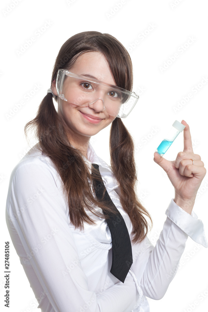 Happy teenager girl with test tube