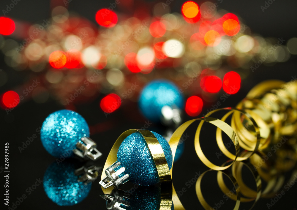 Christmas balls with blurry lights background