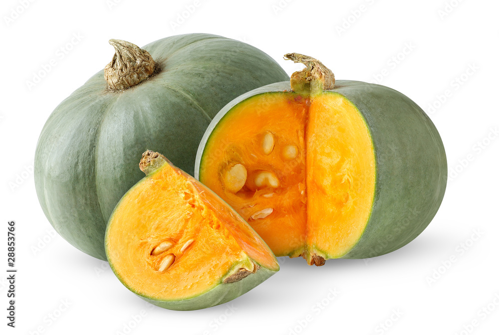 Isolated pumpkins. Two green pumpkins whole and cut isolated on white background