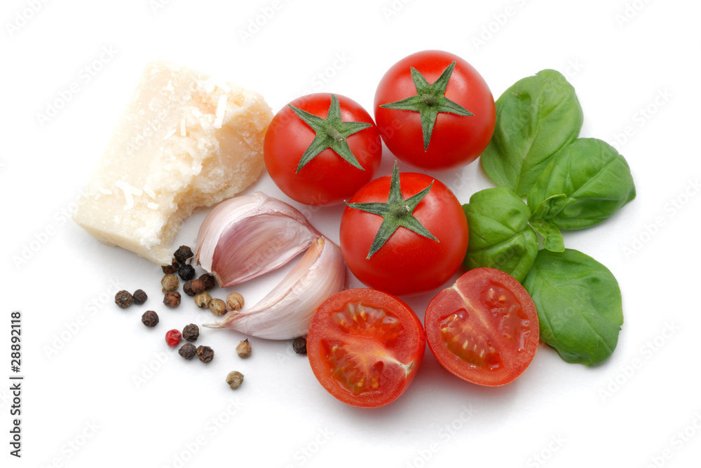 Tomatoes, basil, garlic and parmesan cheese