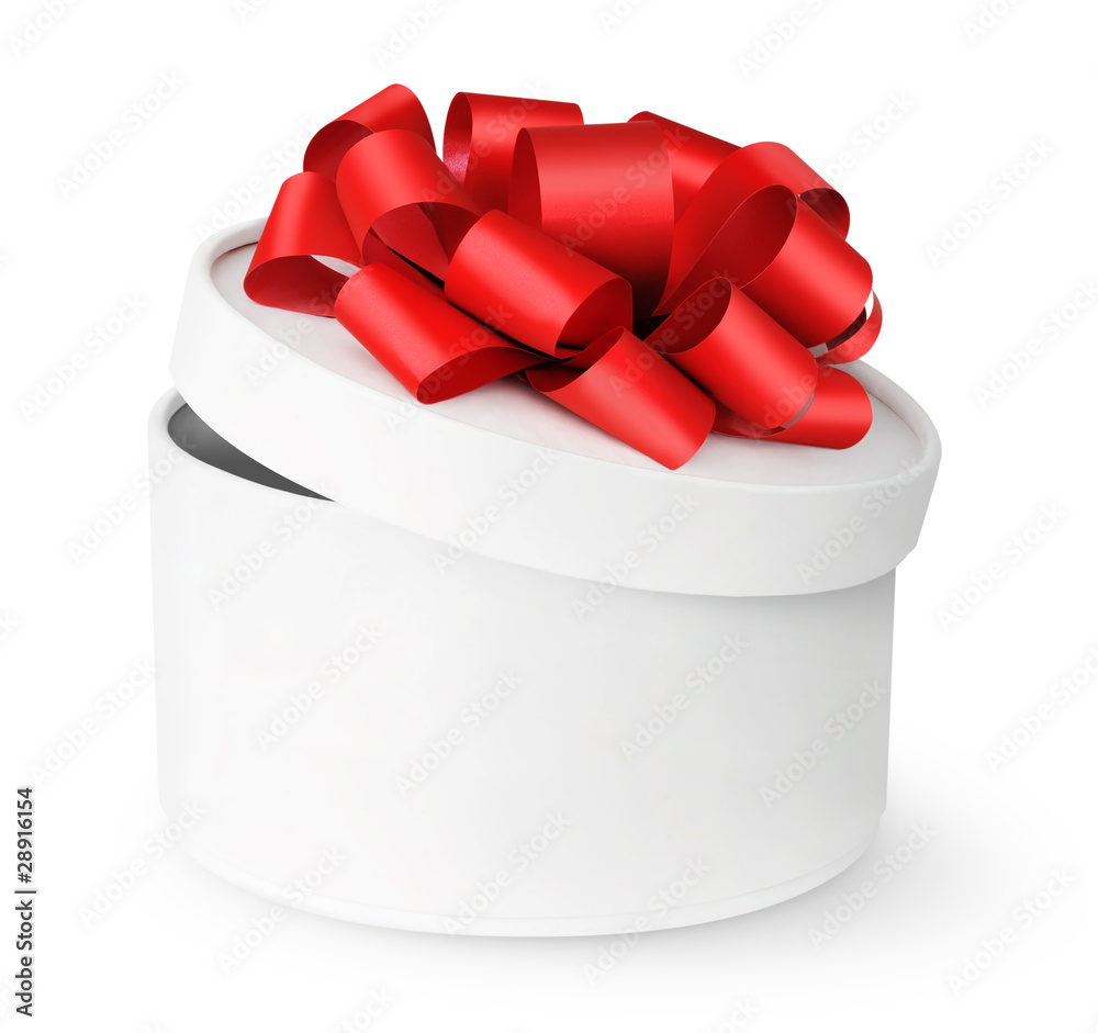 Isolated box. Open white gift box with red ribbon isolated on white background