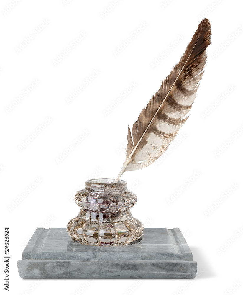 Isolated inkstand. Old glass inkstand and quill on marble stand isolated on white background