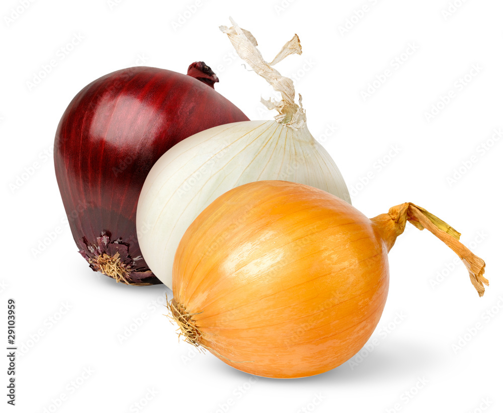 Isolated onions. Three onions of various colors isolated on white background