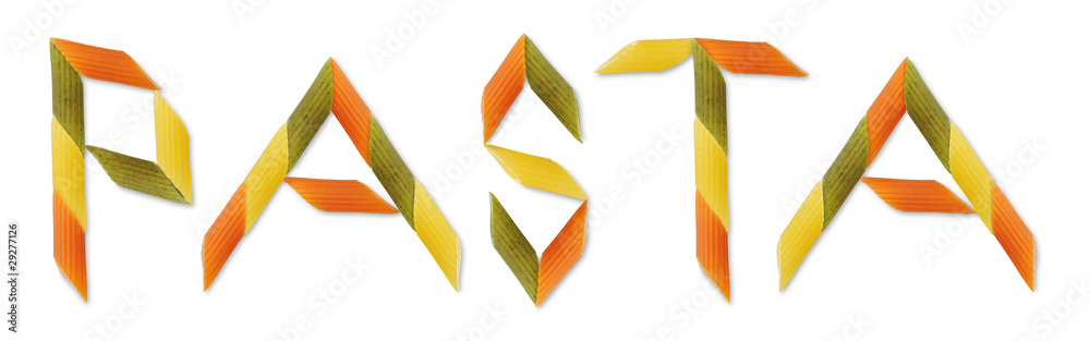 Word PASTA written with multicolored pasta pieces isolated on white background