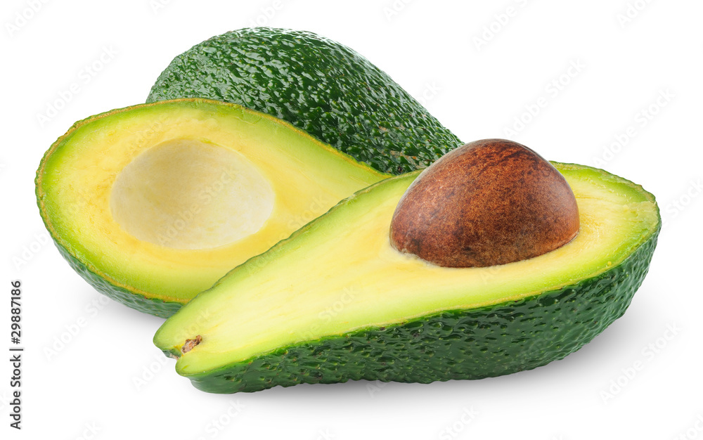 Isolated avocados. Cut in half avocado fruits isolated on white background