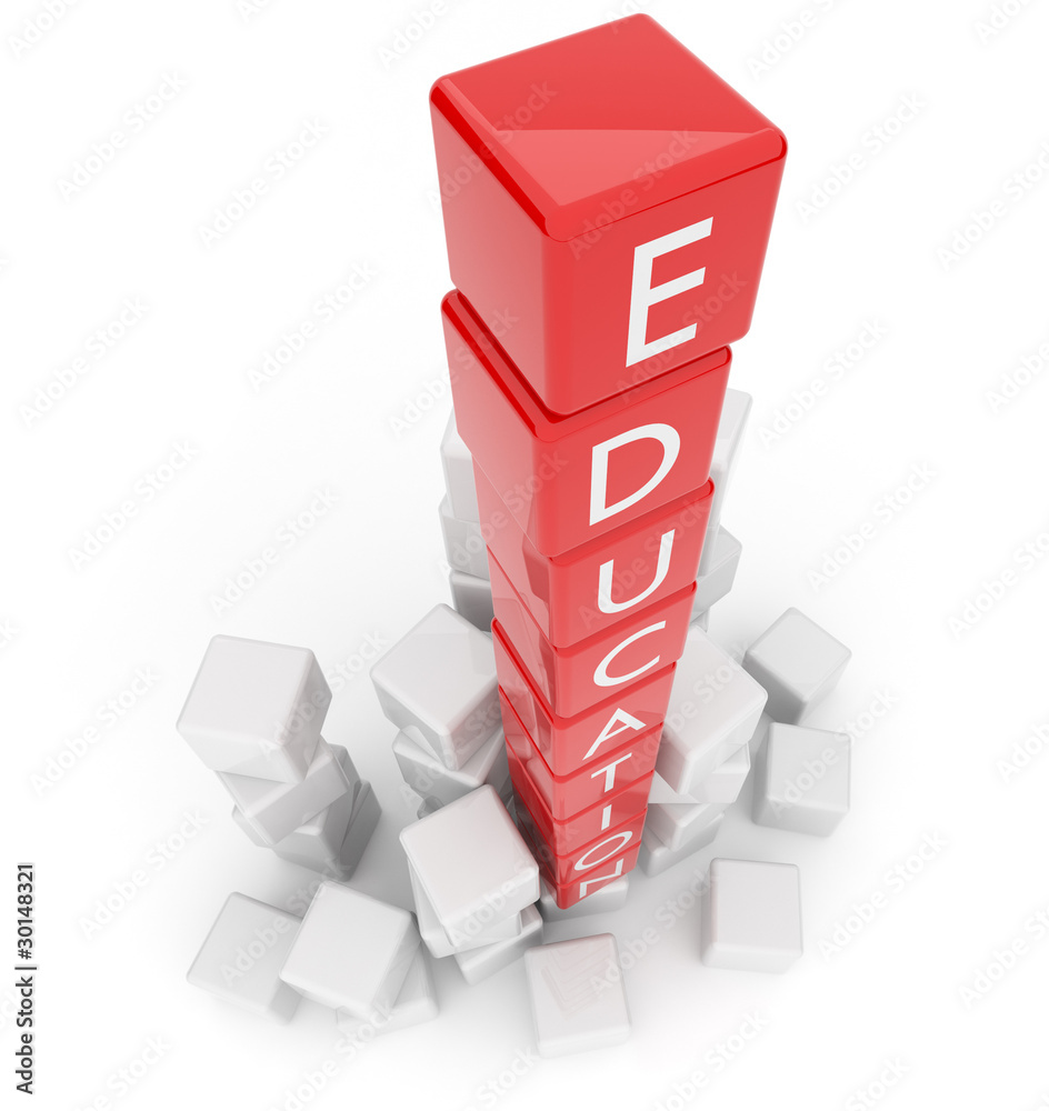 Education. The text on red 3d cubes