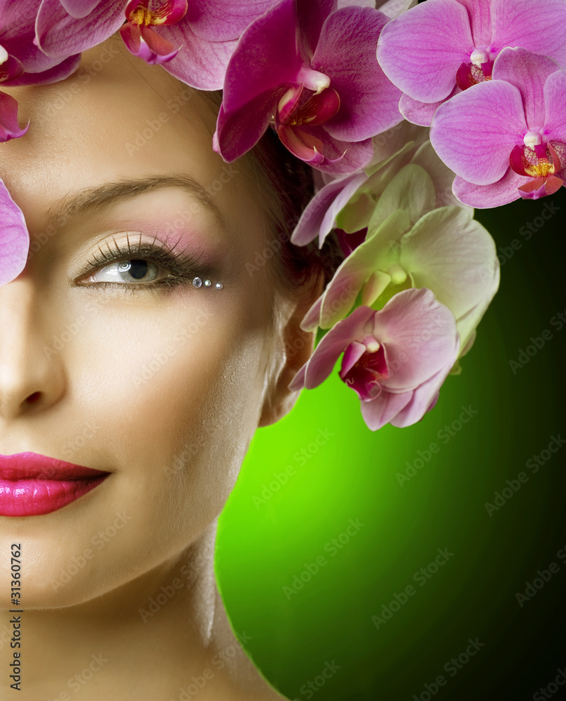 Beautiful Spring Girl With Orchid flowers