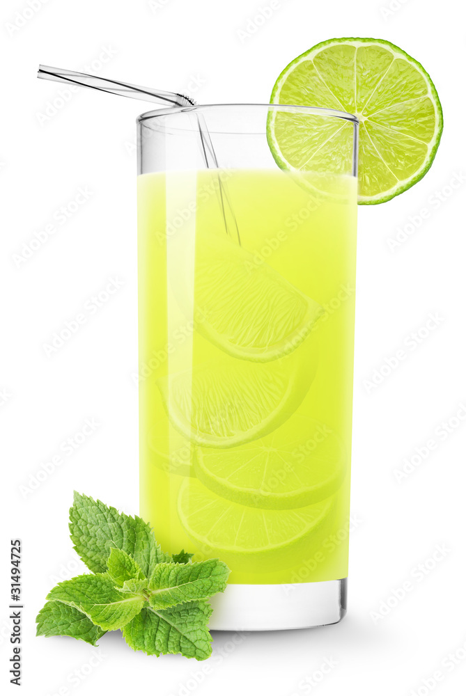 Isolated drink. Glass of lime juice and mint leaf isolated on white background