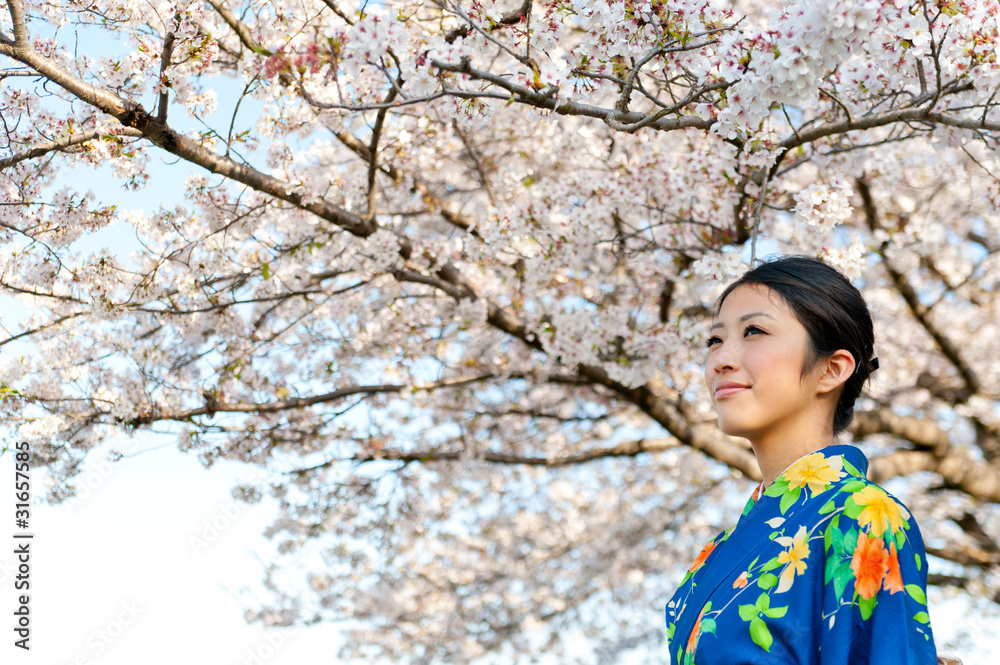 日本和服女人和樱花