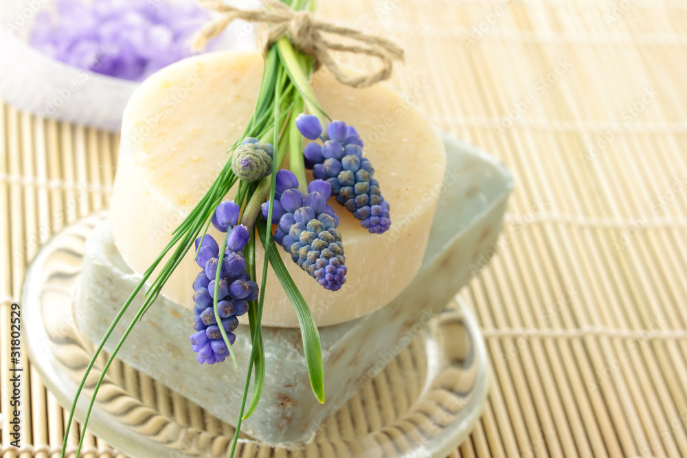 Handmade soap, lavender bath salt, and grape hyacinth