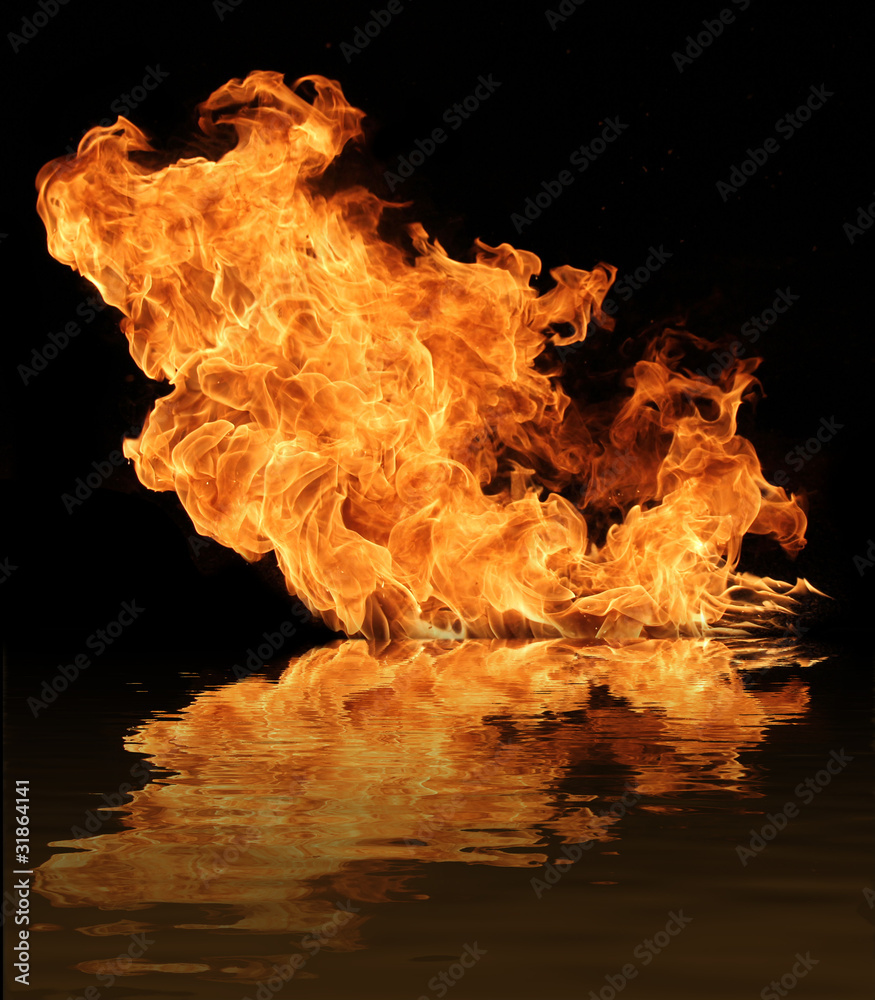 Fire flame with water reflection