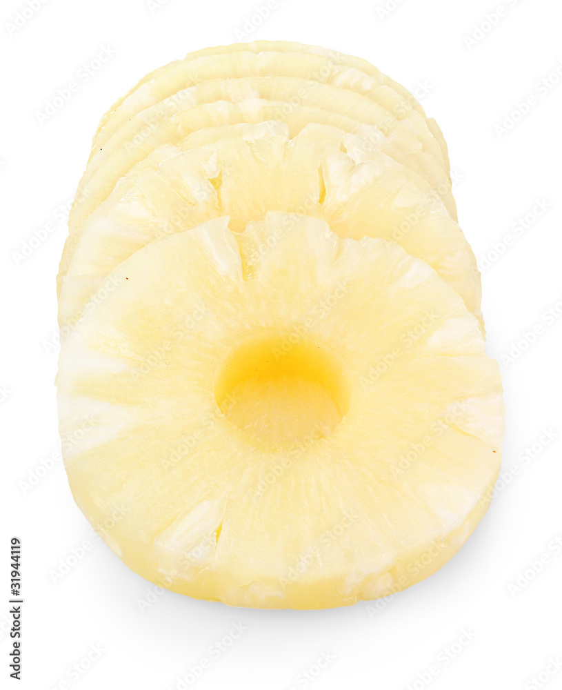 Isolated pineapple pieces. Canned pineapple rings isolated on white background