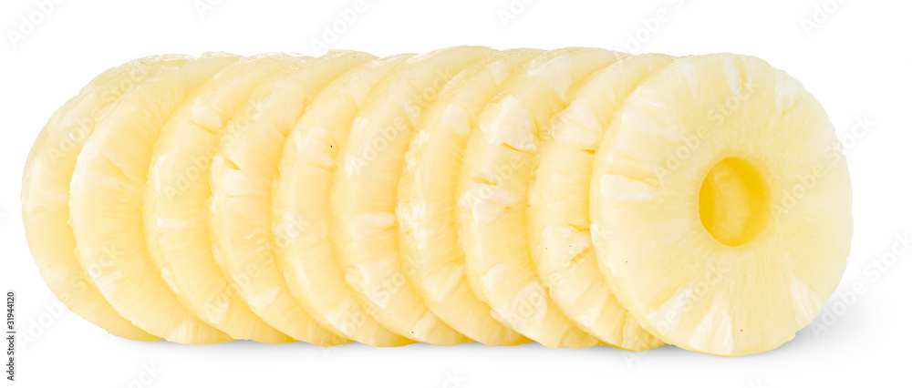 Isolated pineapple pieces. Canned pineapple rings in a row isolated on white background