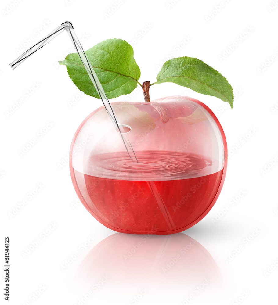 Transparent apple, concept image for fresh apple juice isolated on white background