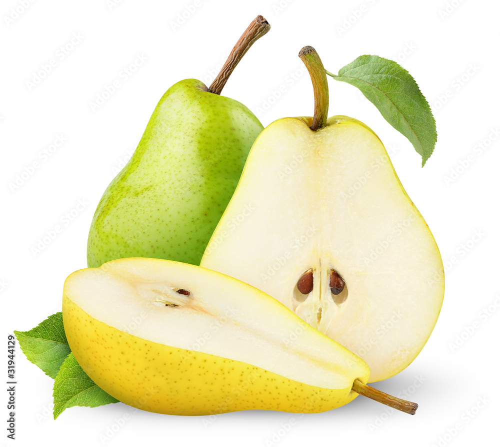 Isolated pears. Cut green and yellow pear fruits isolated on white background