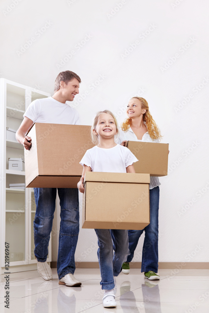 Family with boxes