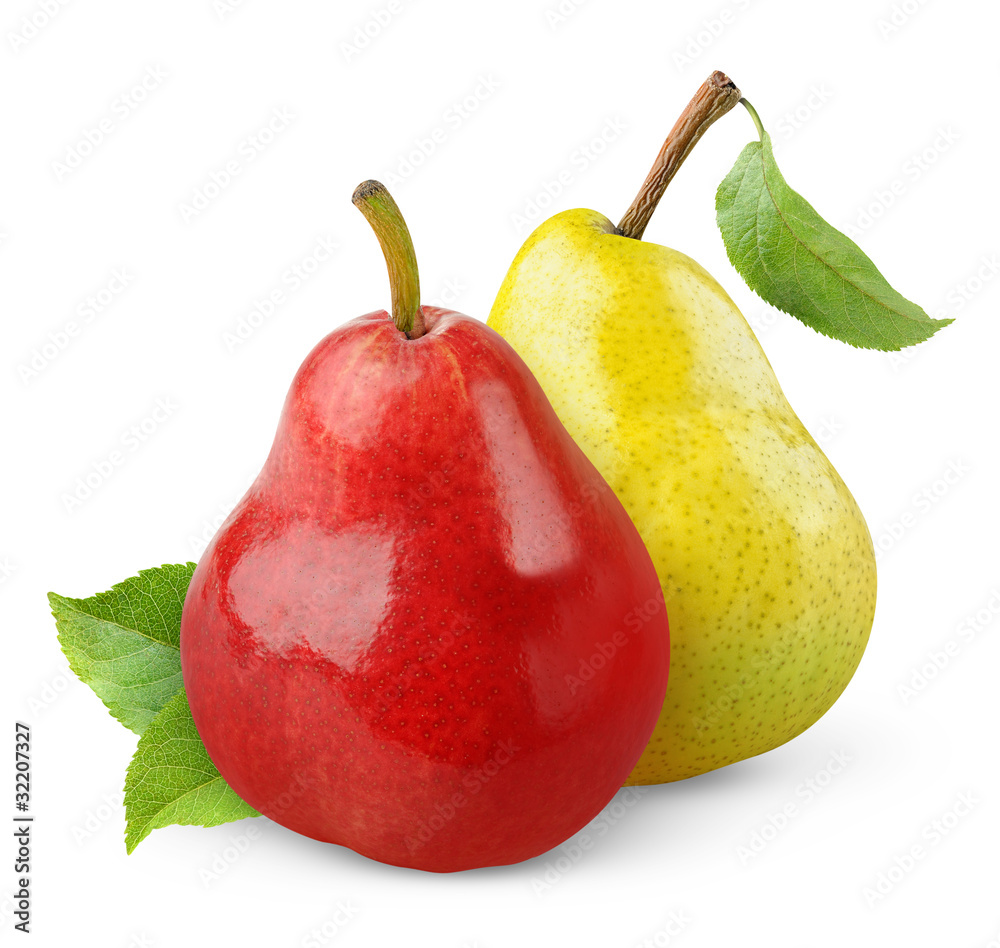 Isolated pears. Red and yellow pear fruits with leaves isolated on white background