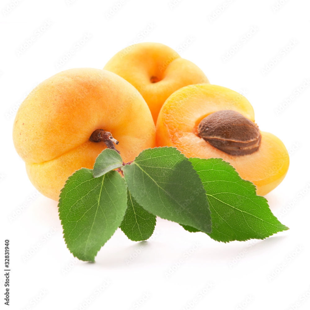 Apricot fruits with leaves isolated on white background.