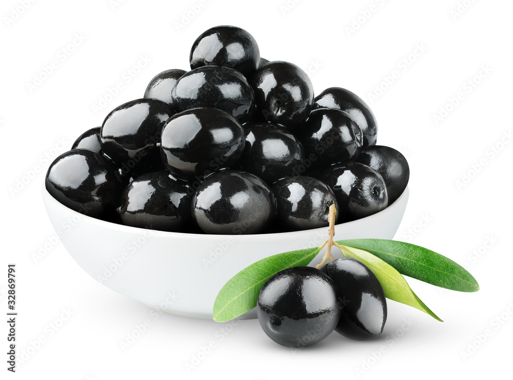 Isolated olives. Black olive fruits in a bowl isolated on white background