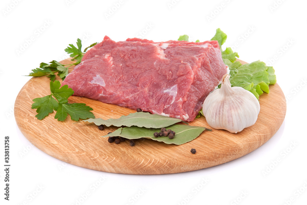 Raw meat on board isolated on white background